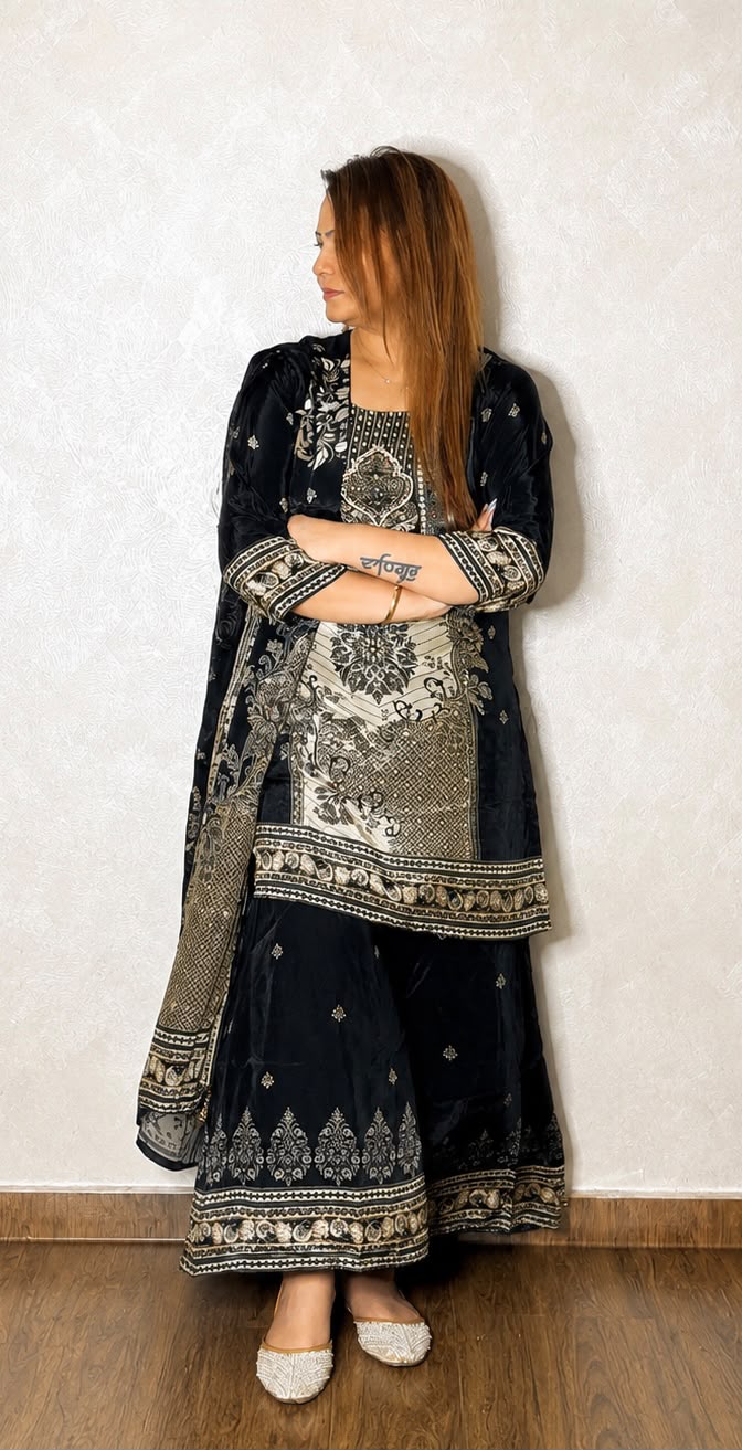 Woman wearing black kadhai embroidered suit styled with cape-style dupatta, festive ethnic wear, SS-1005