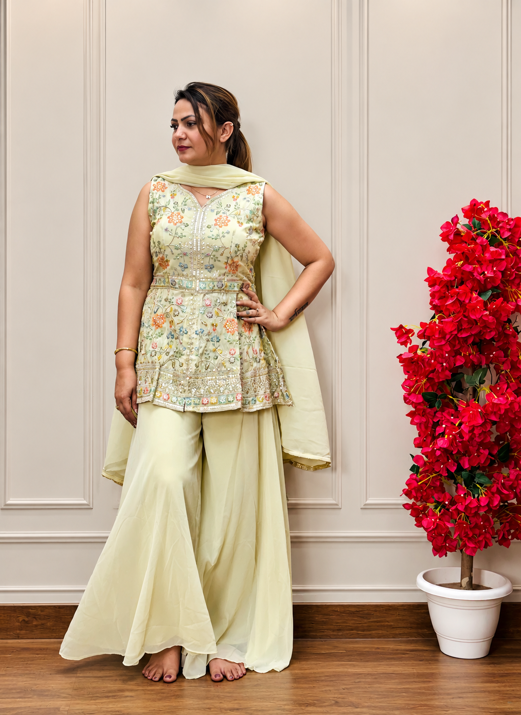 Cream floral embroidered palazzo suit set for women with matching dupatta – front view, SS-1013