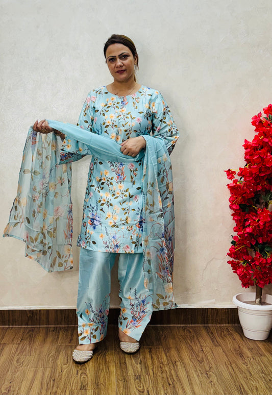 Woman wearing sky blue royal farshi suit, floral printed ethnic wear for festive occasions, SS-11014