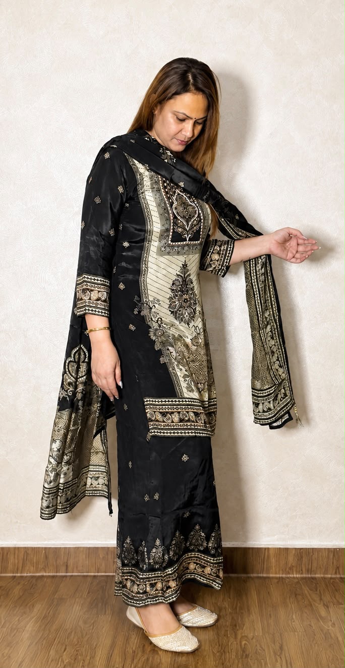 Side view of black embroidered festive suit showing dupatta drape and sleeve detailing, SS-1005