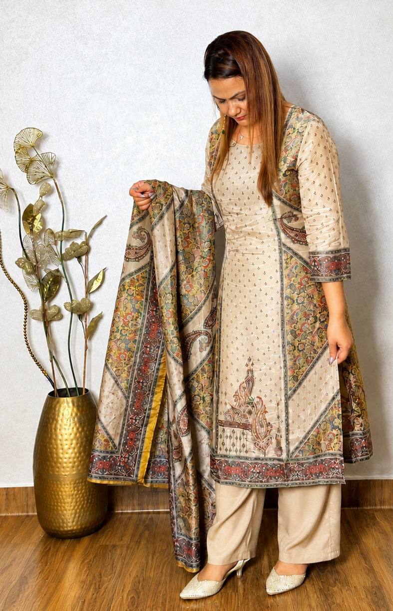 Woman wearing cream printed kurta suit set with coordinating traditional dupatta, SS-1009