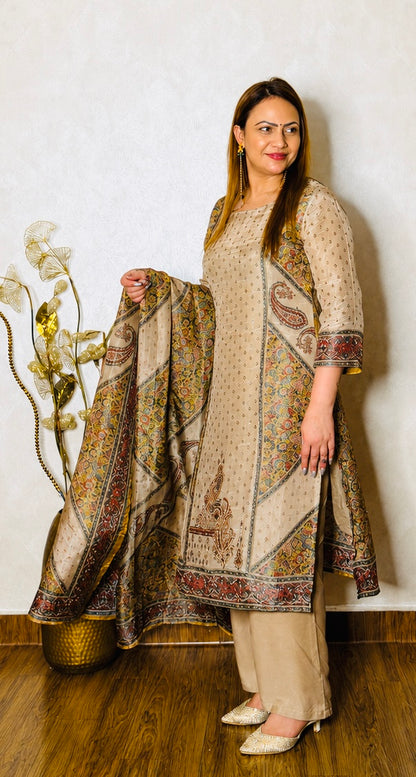 Cream ethnic suit set with printed kurta and traditional motif dupatta, holding drape – front view, SS-1009