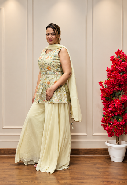 Woman wearing cream floral embroidered palazzo suit set, festive ethnic wear with wide-leg pants, SS-1013