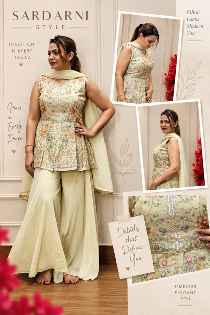 Cream floral embroidered palazzo suit set with peplum top, wide-leg pants, and dupatta – styled poster, SS-1013