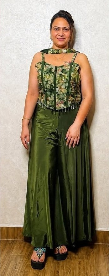 Dark green indo-western co-ord set with floral corset top and palazzo pants – full-length view, SS-1012