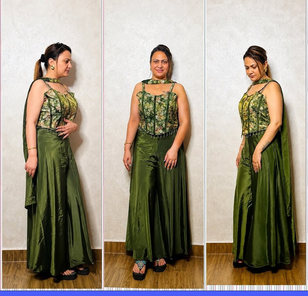 Dark green floral corset co-ord set shown from multiple angles, satin palazzo pants and dupatta, SS-1012