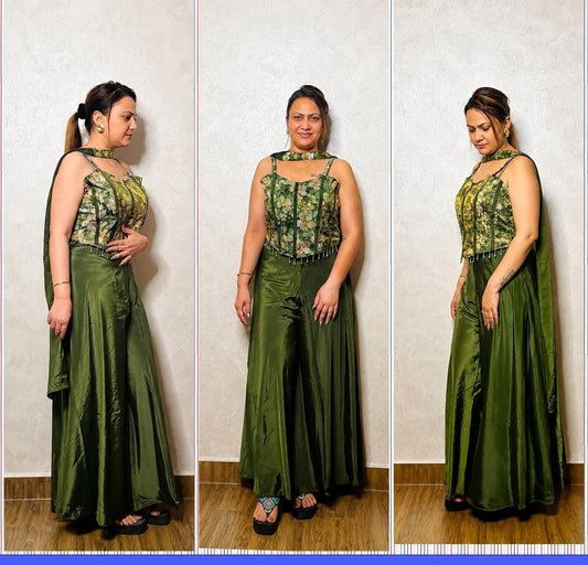 Dark green floral corset co-ord set shown from multiple angles, satin palazzo pants and dupatta, SS-1012