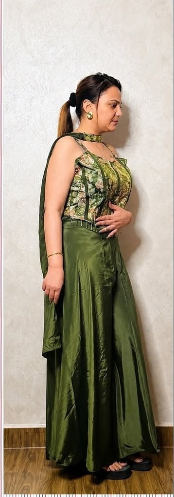 Side view of dark green satin co-ord set with floral corset top and dupatta drape, SS-1012