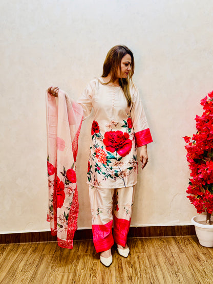 Cream satin suit with red floral print and farsi salwar, holding matching dupatta – front view, SS-1006