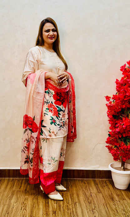 Cream floral printed satin suit set with farsi salwar and red-bordered dupatta, SS-1006
