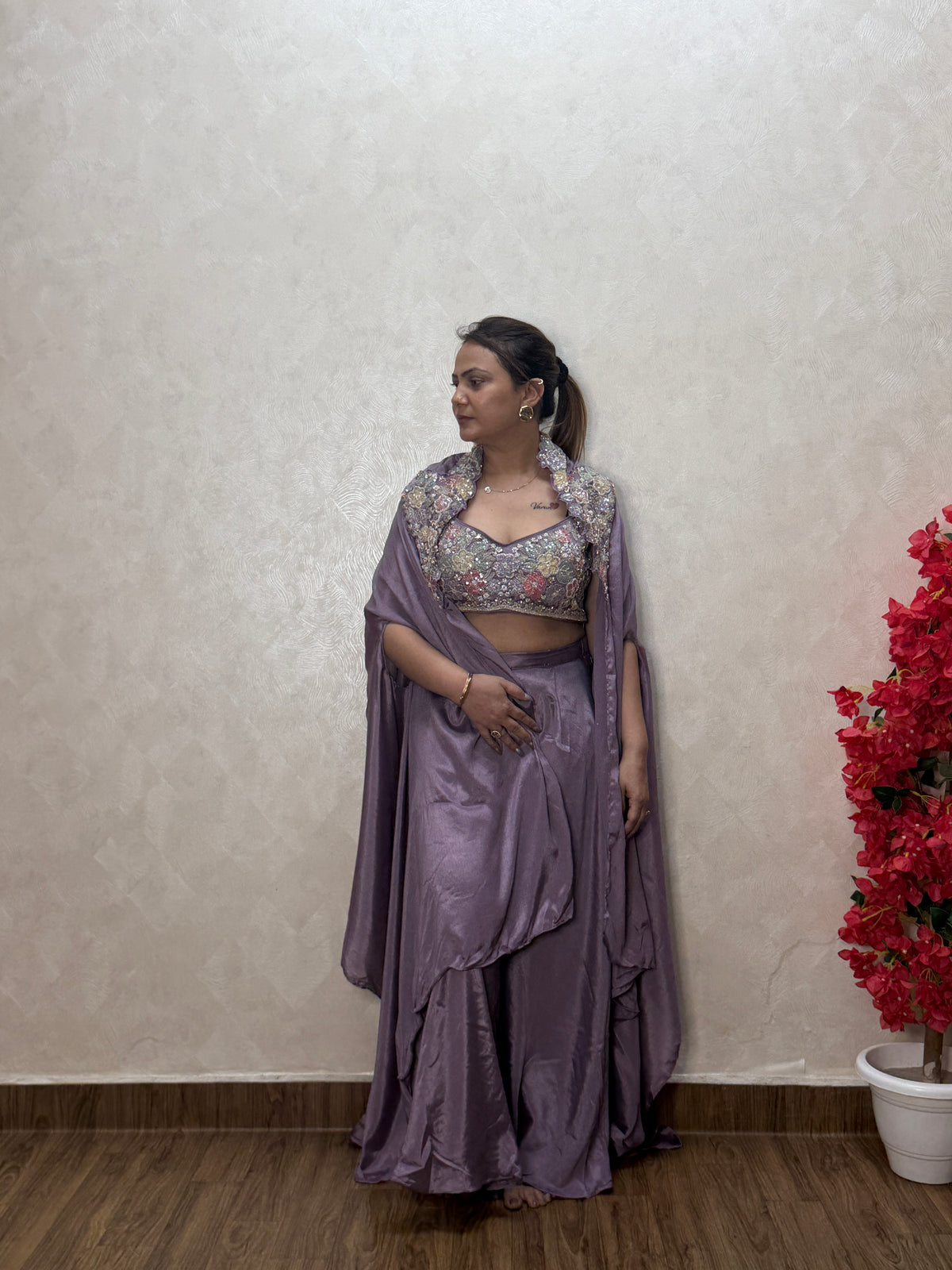 Woman wearing lavender indo-western set with floral embroidered crop top and sheer shrug, SS-1007