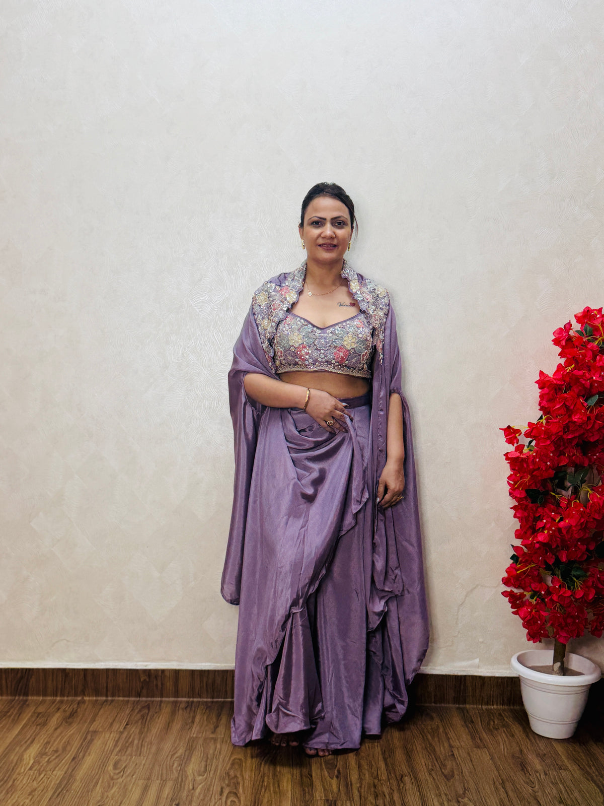 Lavender embroidered crop top with draped skirt and shrug – indo-western set, front view, SS-1007