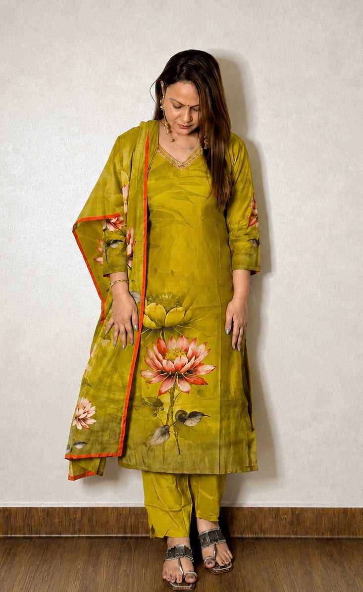 Close view of olive green kurta with floral print and orange-bordered dupatta, SS-1004