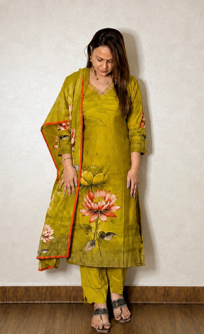 Close view of olive green kurta with floral print and orange-bordered dupatta, SS-1004