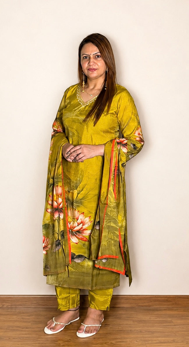 Olive green floral printed suit set with matching pants and dupatta – front view, SS-1004
