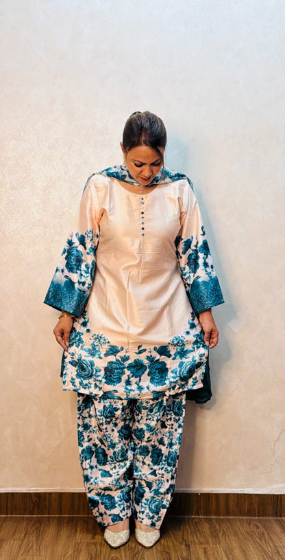 Peach and teal floral printed satin suit set with farsi salwar, close front view, SS-1010