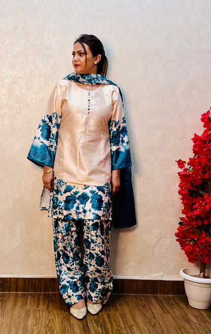 Woman wearing peach satin suit with teal floral print and farsi salwar, festive wear, SS-1010