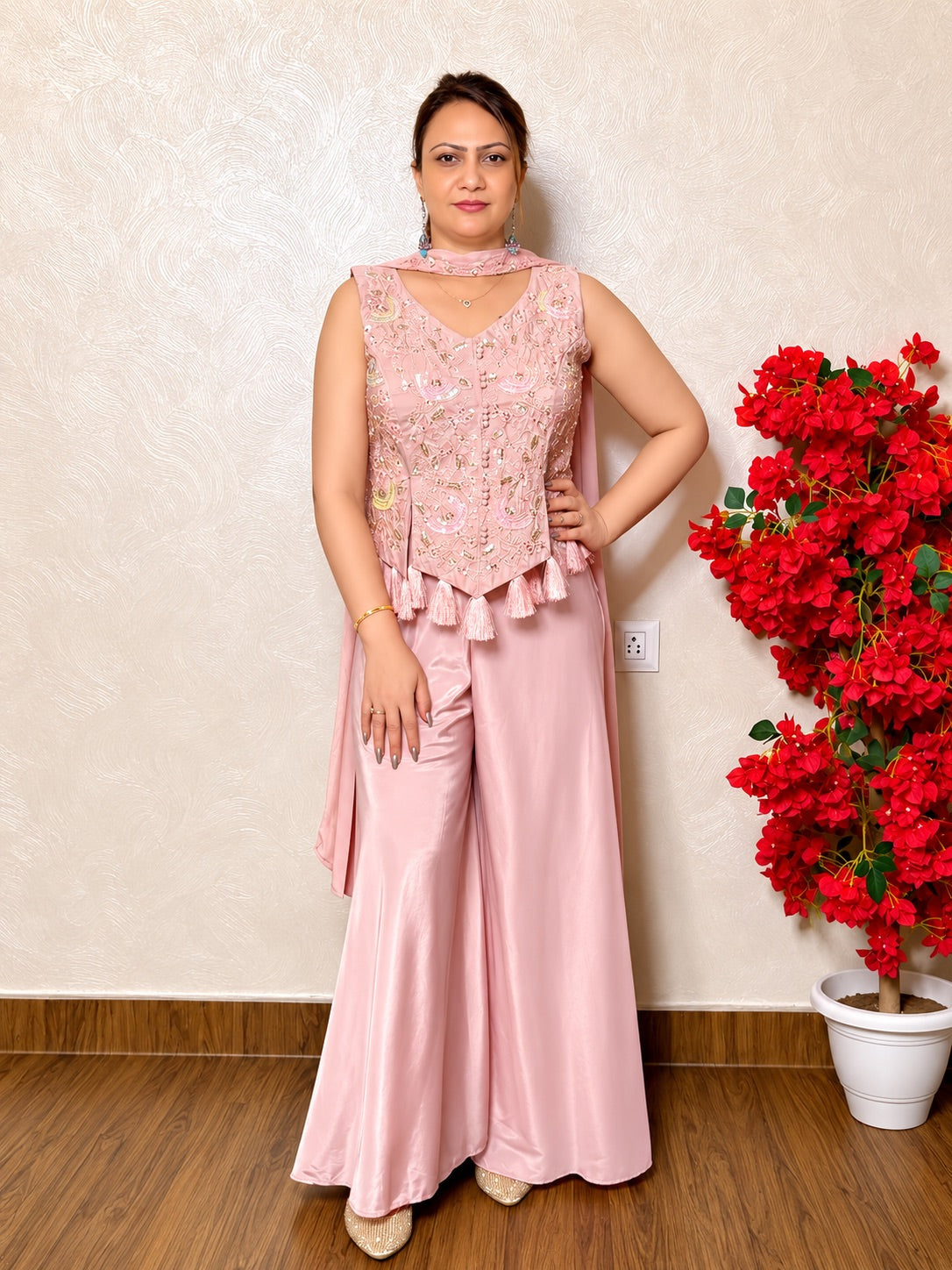 Pink indo-western dress with embroidered peplum top and palazzo pants – front view, SS-1003