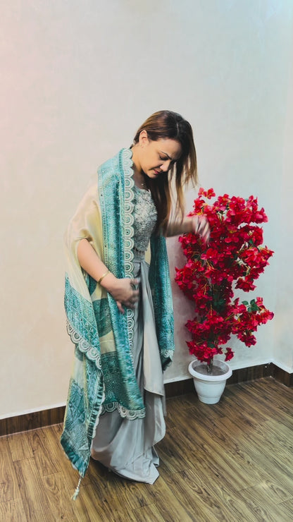 Embroidered Crop Top with Draped Skirt & Printed Shrug | Indo-Western Set (SS-1002)