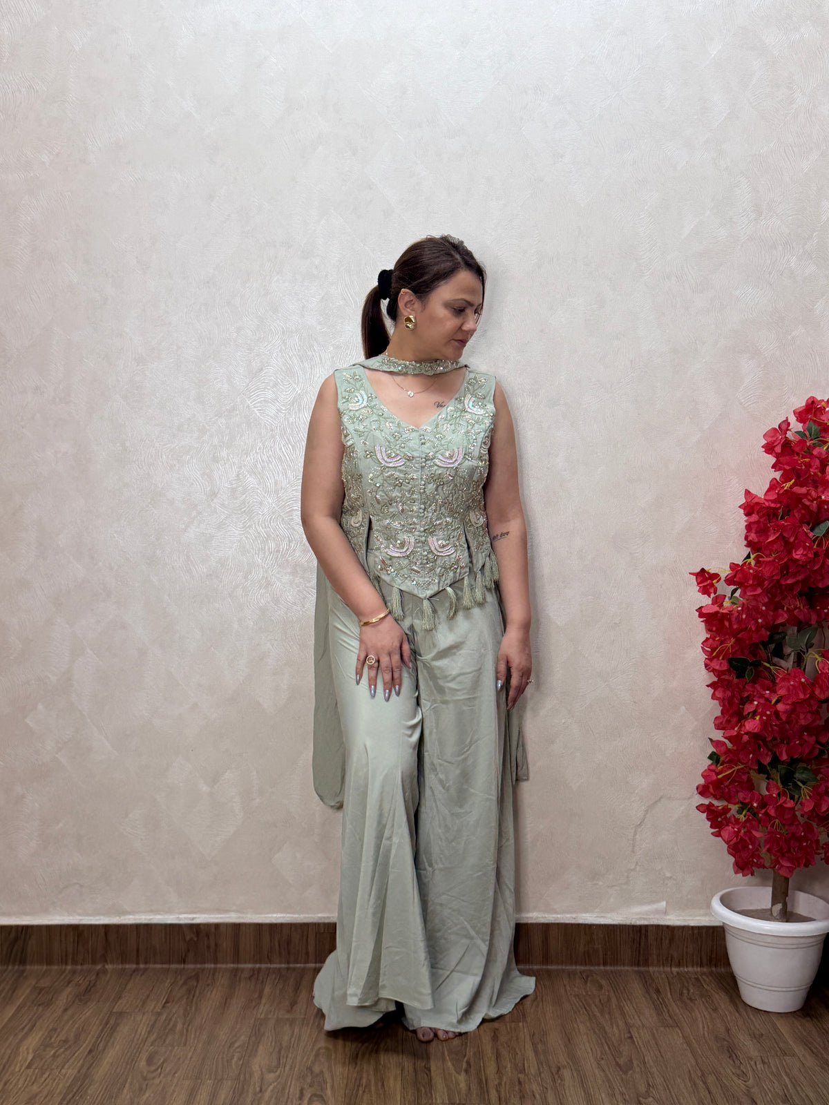Sage green embroidered peplum top with choker neckline and matching dupatta, SS-1011