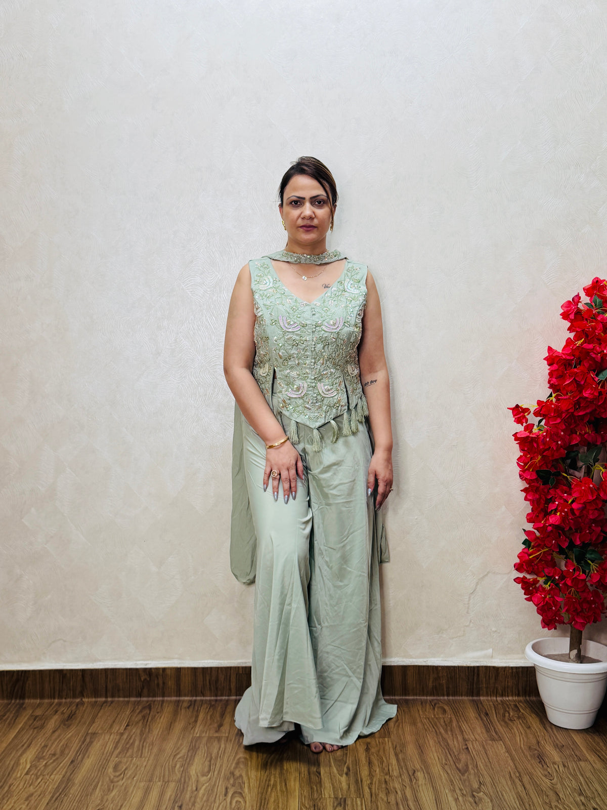 Sage green indo-western dress with embroidered top and palazzo pants – front view, SS-1011