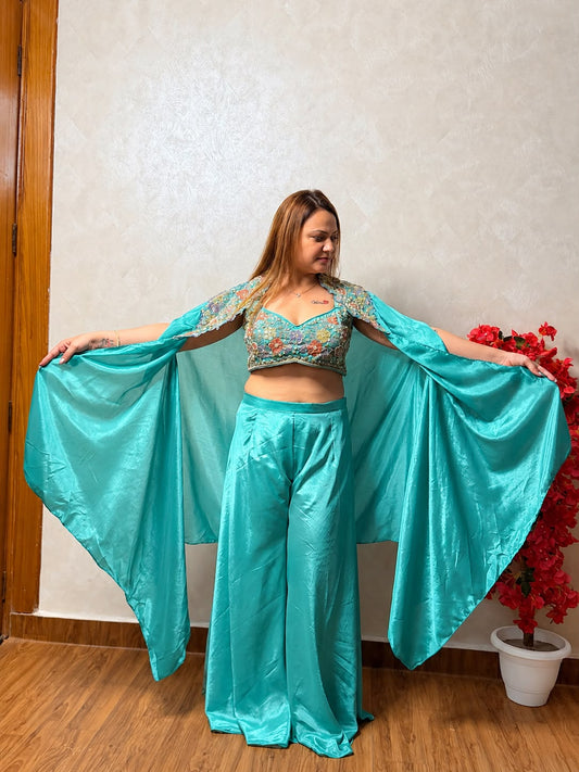 Sea green indo-western dress with embroidered crop top and flowing cape dupatta – front view, SS-1001