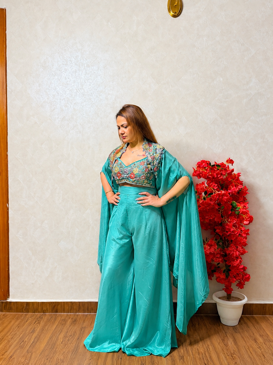 Sea green indo-western dress with embroidered crop top and palazzo pants, hand on hip, SS-1001