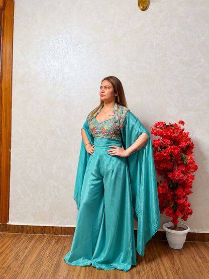 Woman wearing sea green indo-western dress with statement cape dupatta, festive party wear, SS-1001