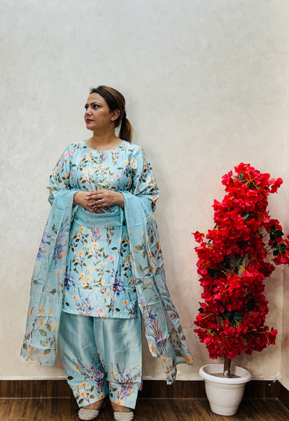 Sky blue floral printed farshi suit set with kurta, pants, and dupatta – front view, SS-11014