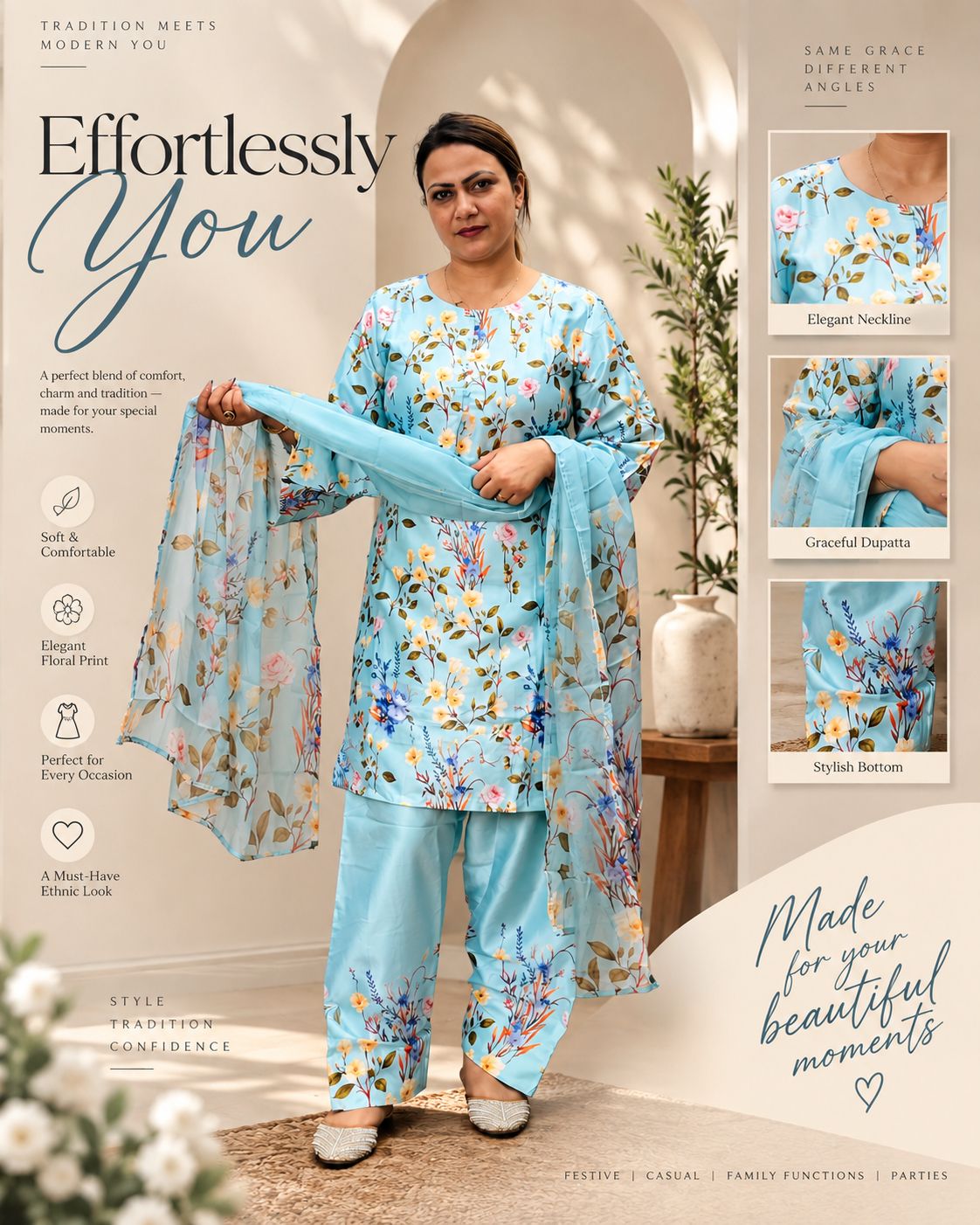 Sky blue royal farshi suit with floral print, elegant neckline, and graceful dupatta – styled poster, SS-11014