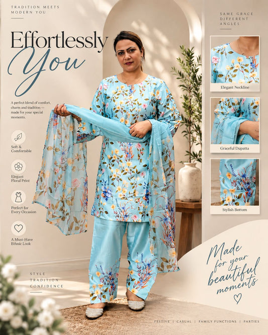 Sky blue royal farshi suit with floral print, elegant neckline, and graceful dupatta – styled poster, SS-11014