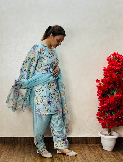 Side view of sky blue farshi suit showing floral print detailing and dupatta drape, SS-11014