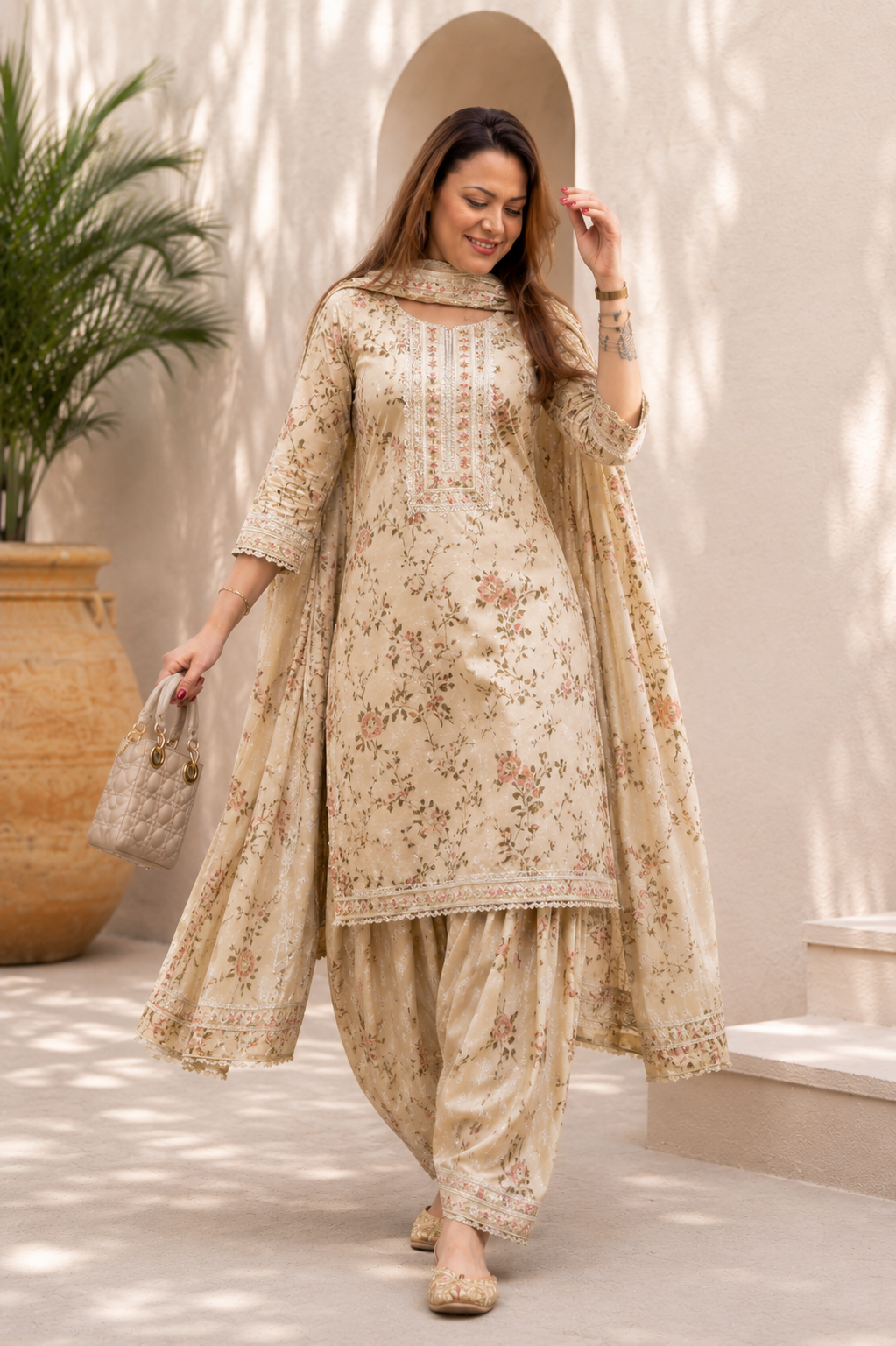 Beige Floral Punjabi Suit