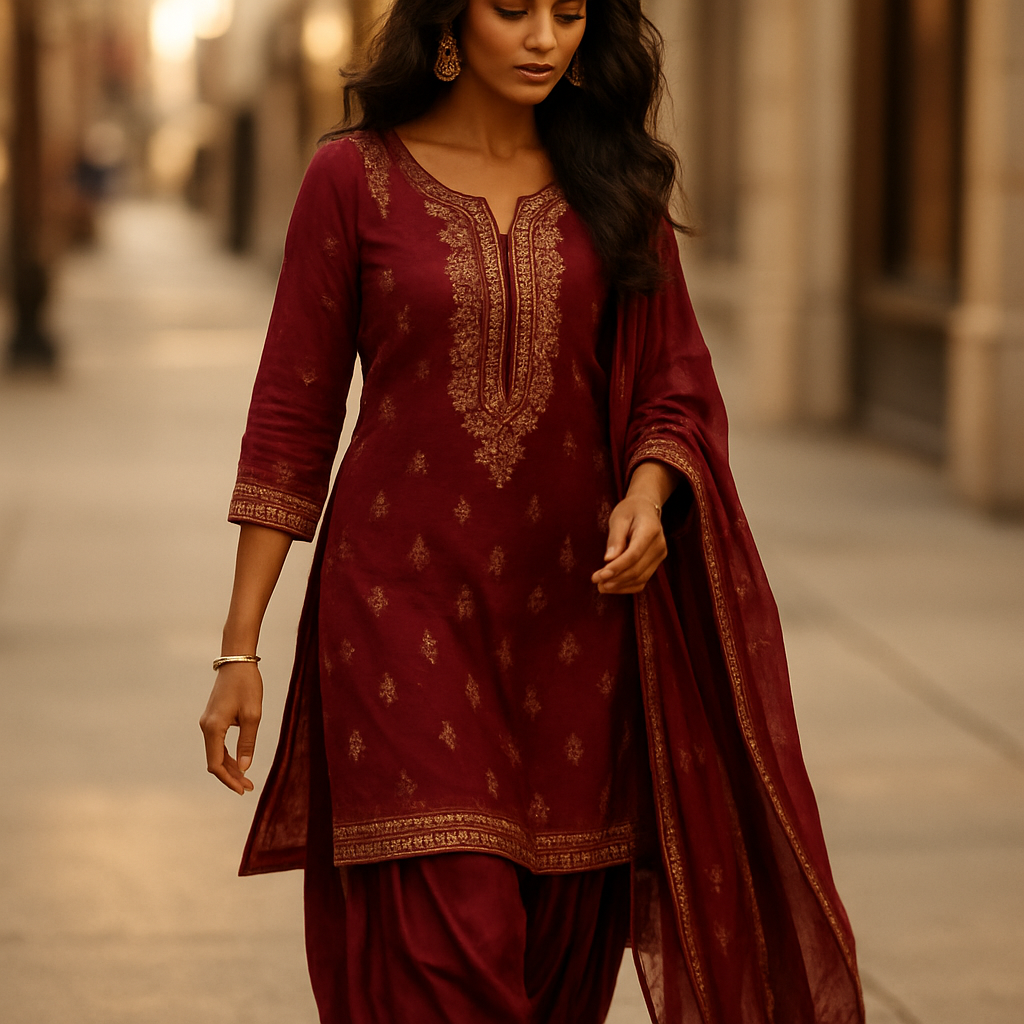 Woman in maroon Patiala suit walking