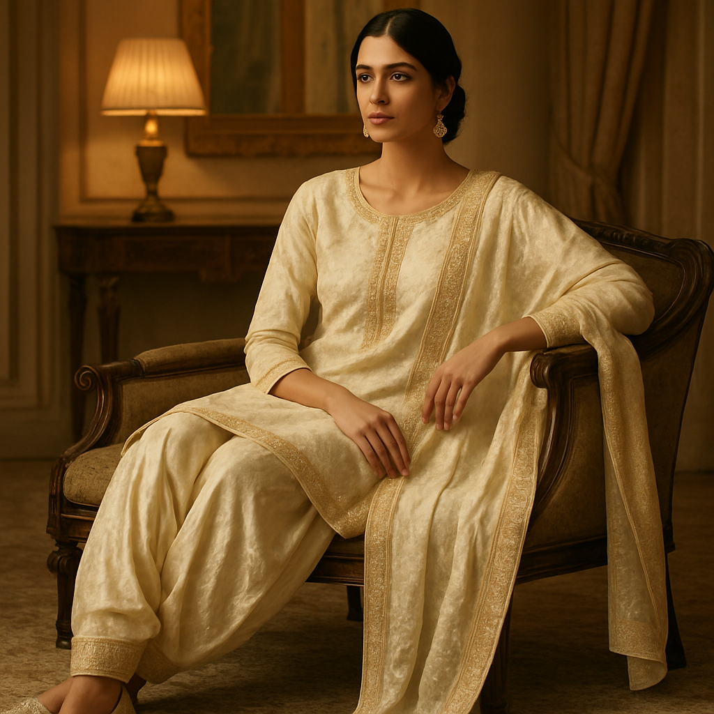 Woman in cream Patiala suit seated