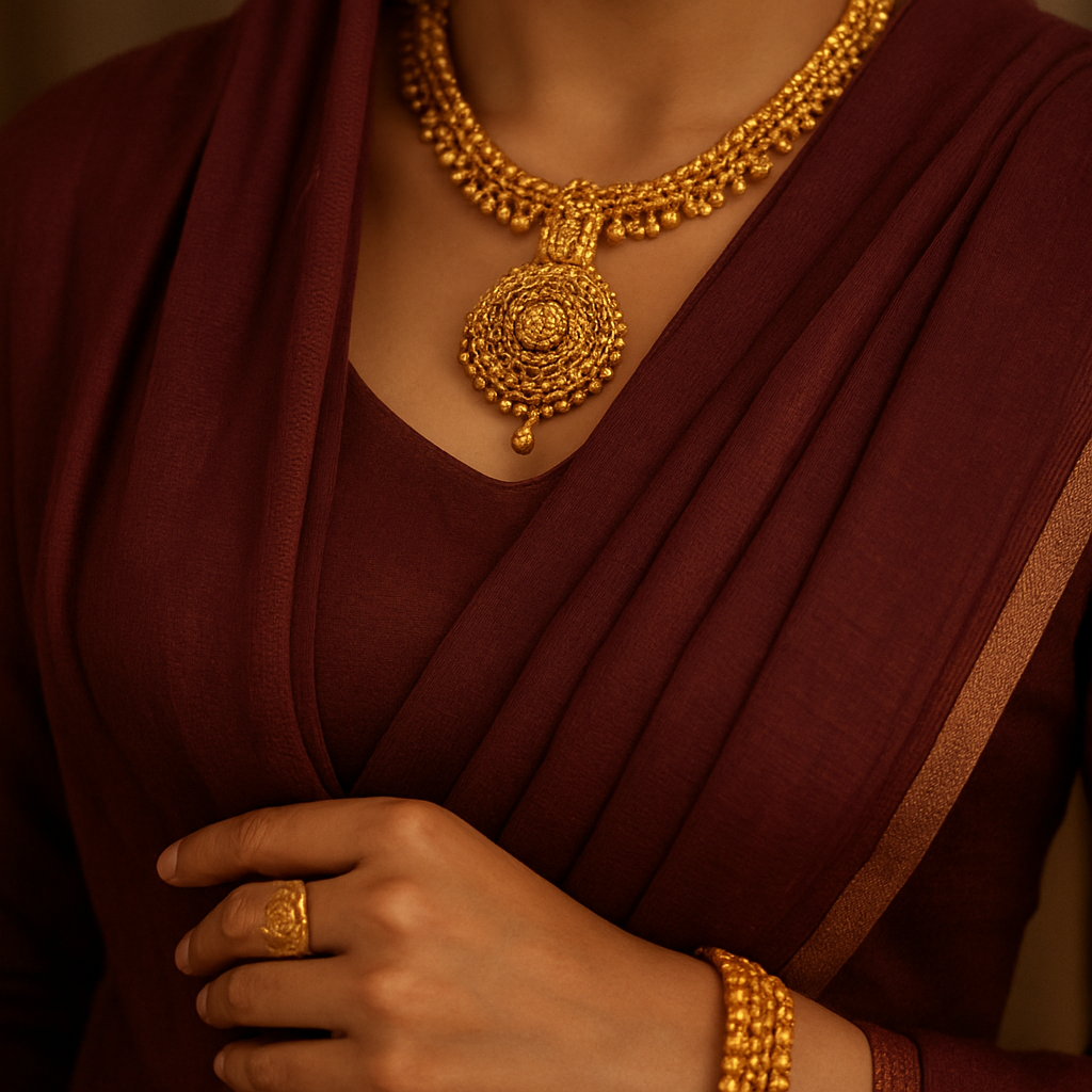 Gold jewelry with maroon dupatta detail