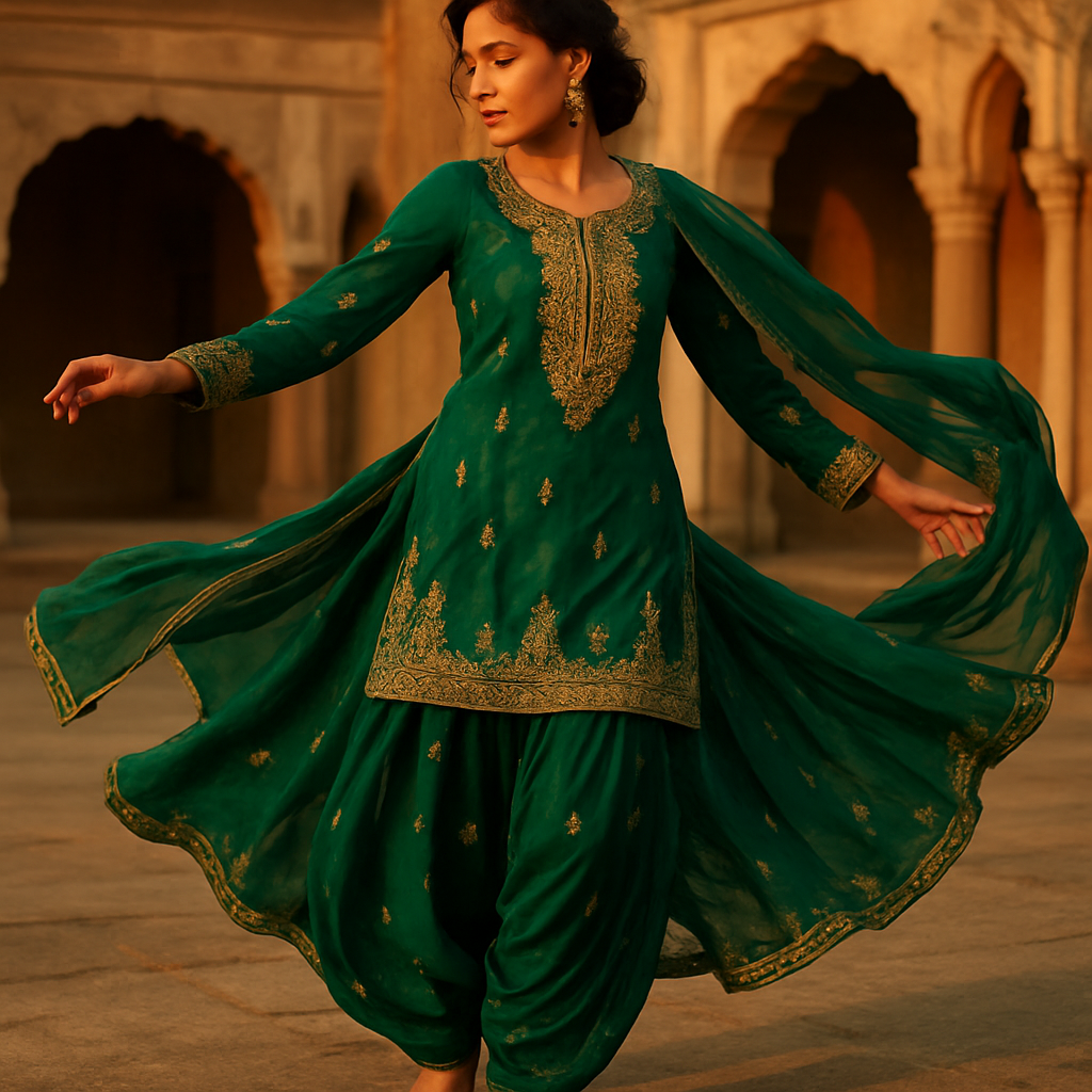 Woman twirling in emerald Patiala suit