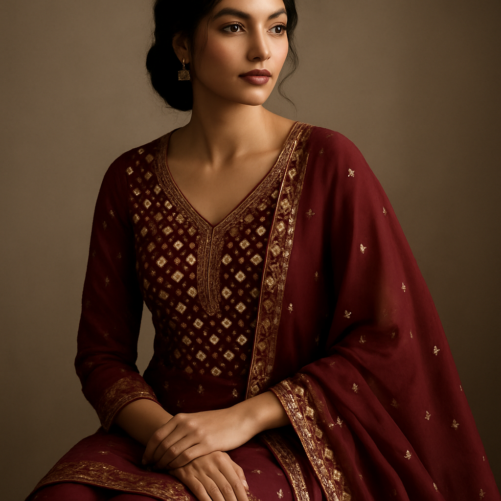 Portrait in wine Patiala suit