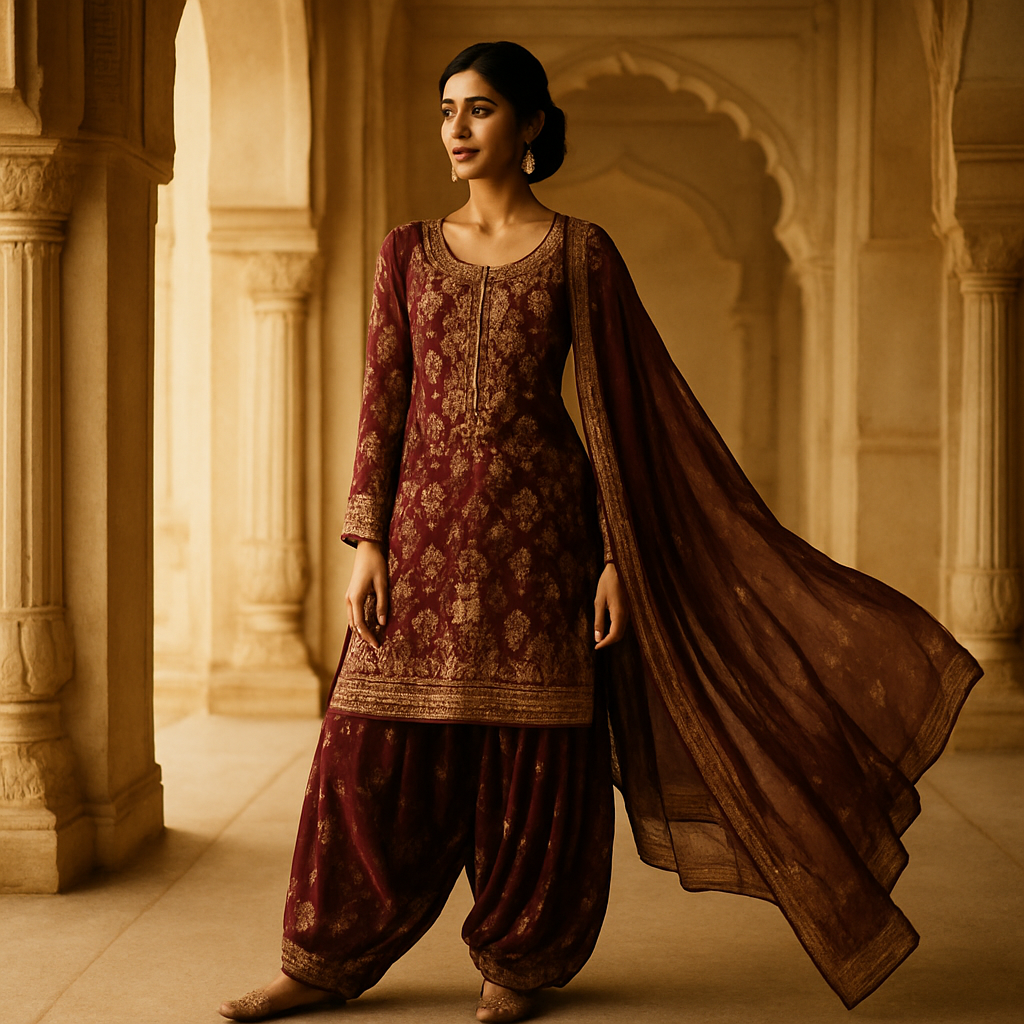 Model wearing a richly embroidered maroon and gold Royal Patiala suit