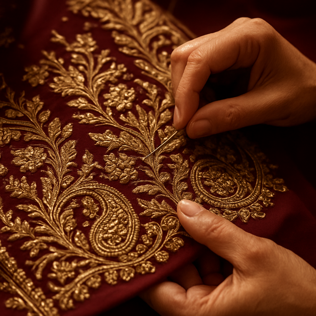 Artisan hand-embroidering gold zari on maroon Patiala suit fabric