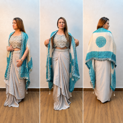 Embroidered Crop Top with Draped Skirt & Teal Green Printed Dupatta | Indo-Western Set