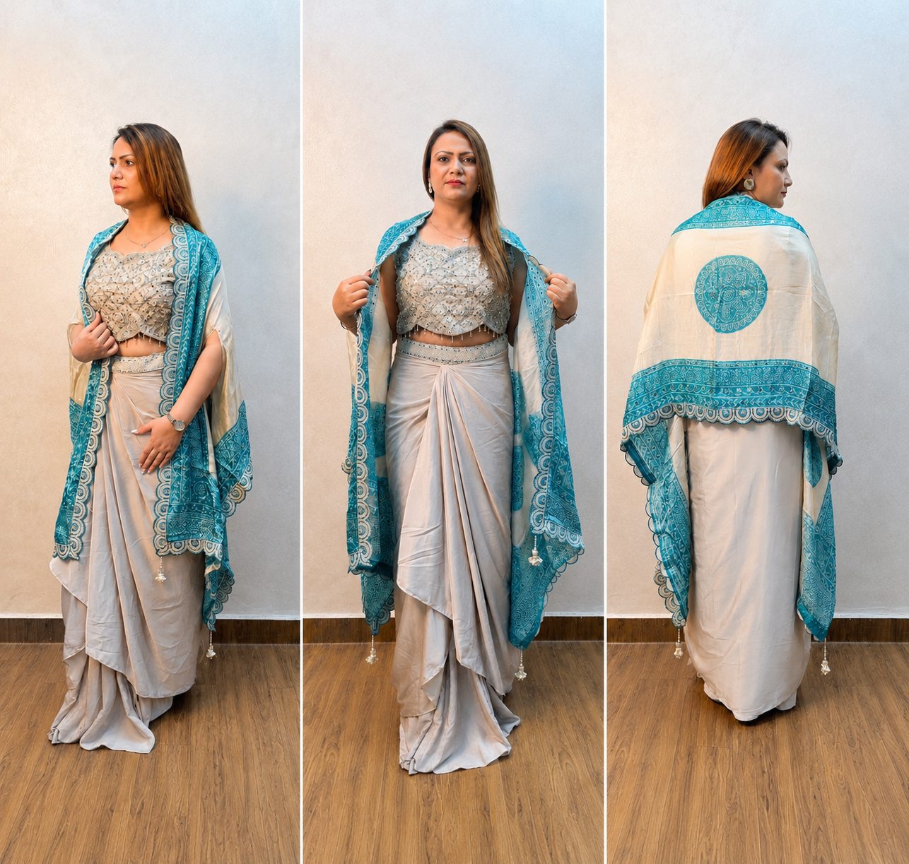 Embroidered Crop Top with Draped Skirt & Teal Green Printed Dupatta | Indo-Western Set