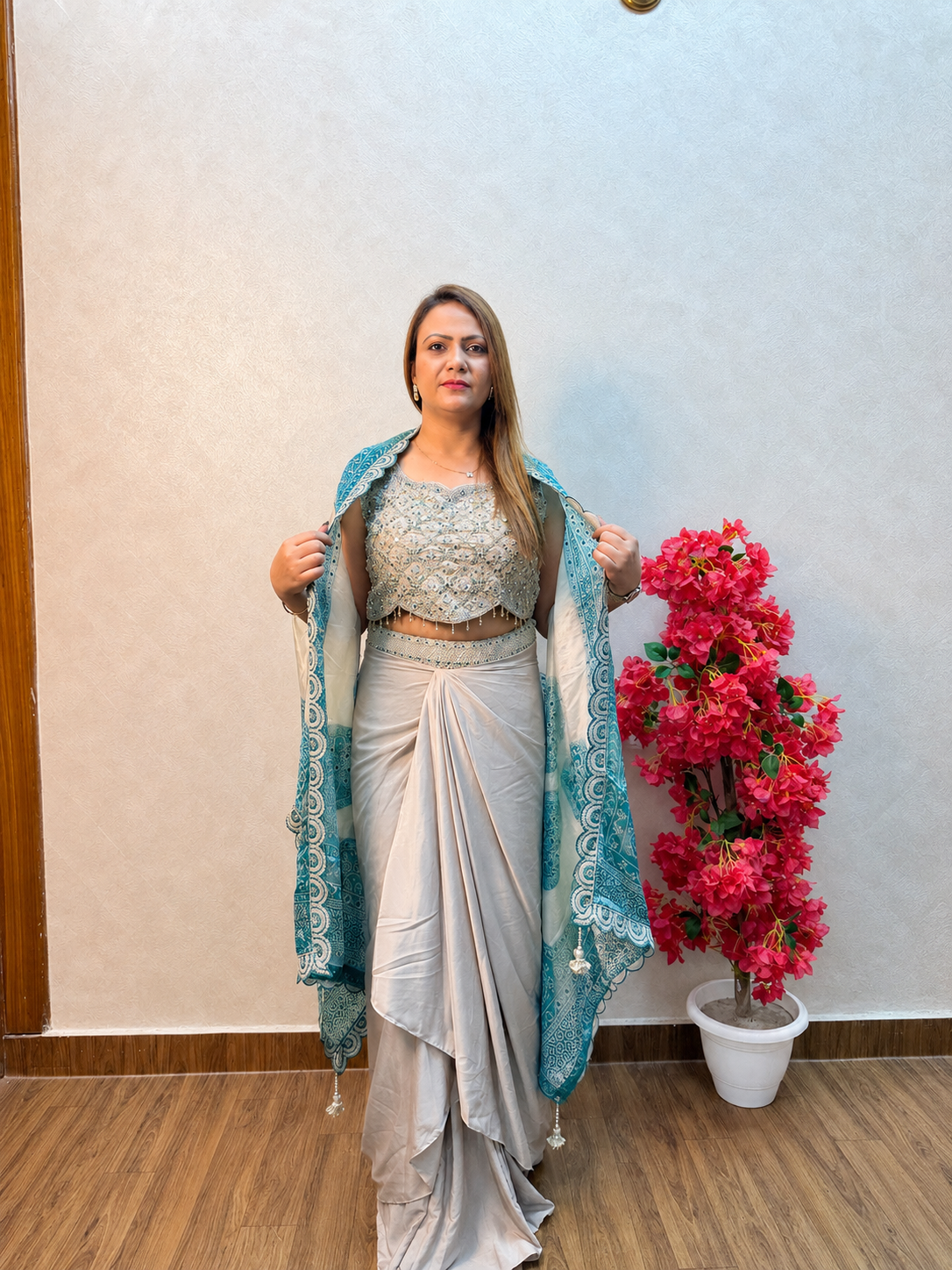 Embroidered Crop Top with Draped Skirt & Teal Green Printed Dupatta | Indo-Western Set - Image 2