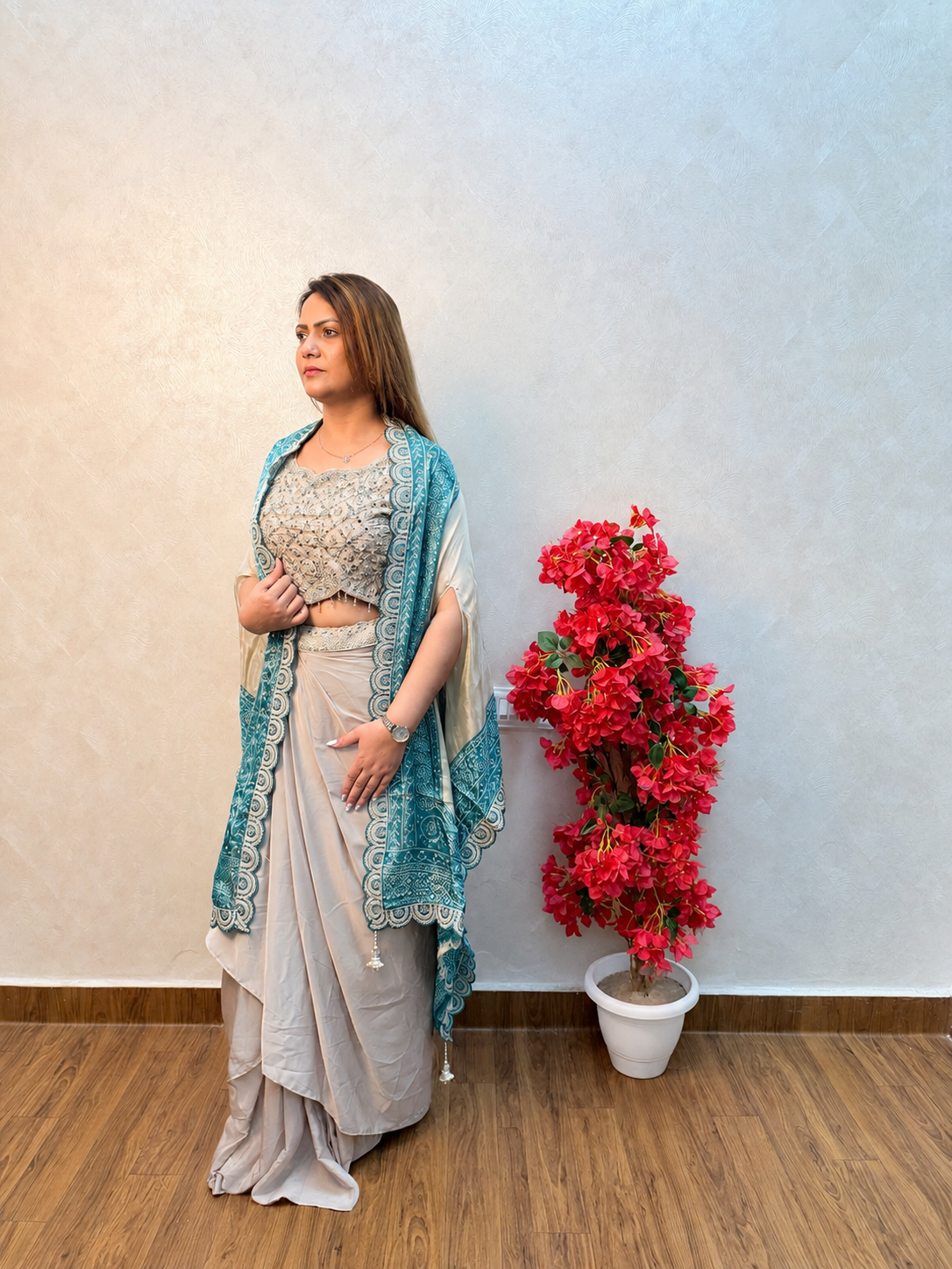 Embroidered Crop Top with Draped Skirt & Teal Green Printed Dupatta | Indo-Western Set - Image 3