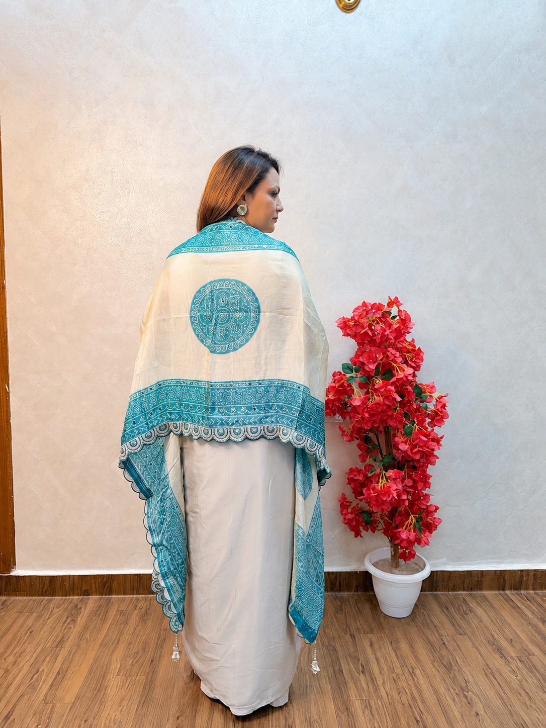 Embroidered Crop Top with Draped Skirt & Teal Green Printed Dupatta | Indo-Western Set - Image 4